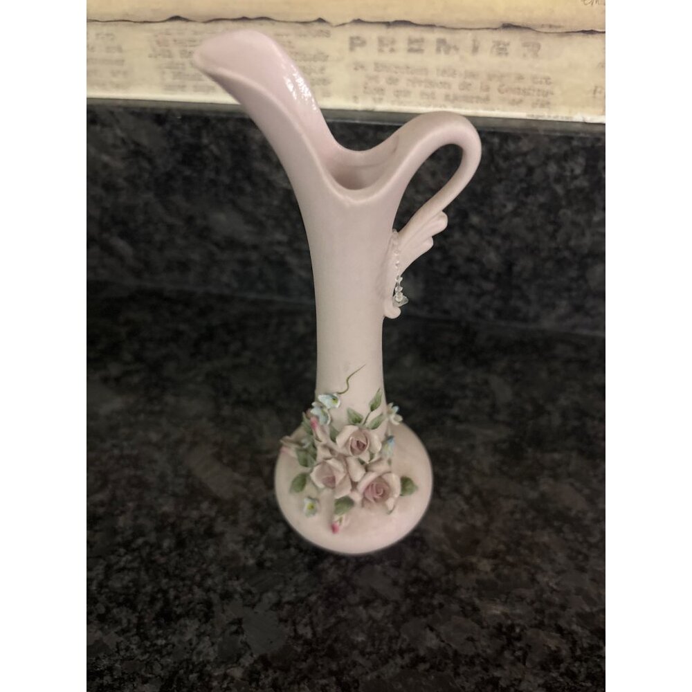 Vintage Lefton Porcelain Vase With Hand-Painted Pink Roses & Blue Flowers